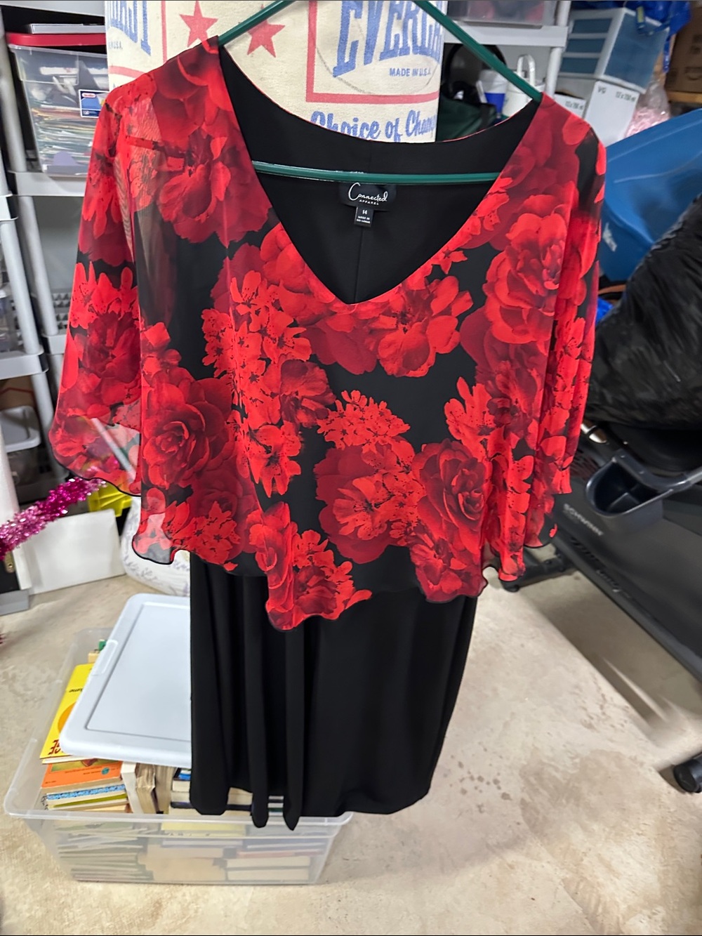 connected apparel Black Midi Dress with Red Floral Chiffon Overlay